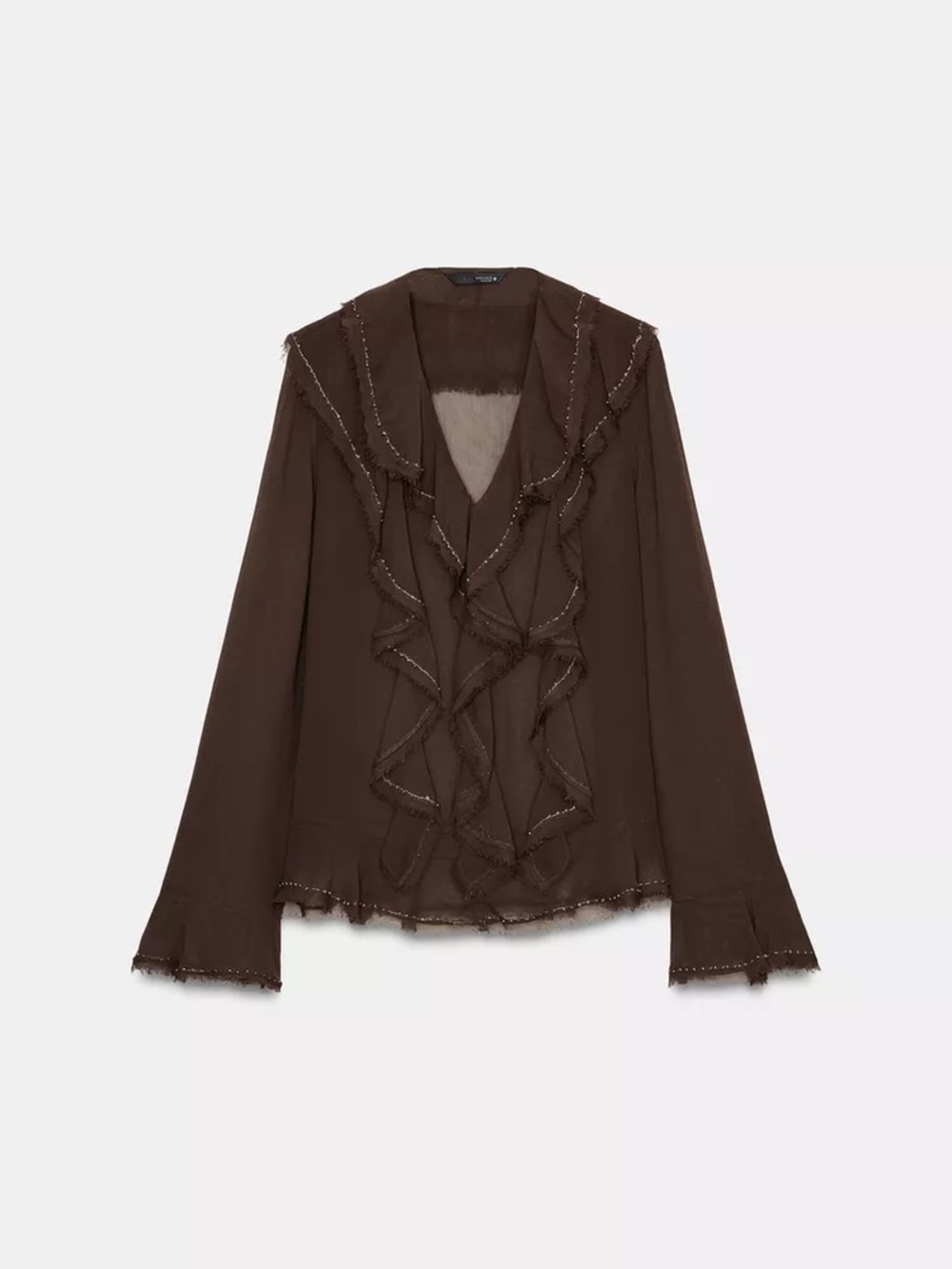 Zara Sheer Ruffled Blouse Bohemian Festival Style in Deep Brown